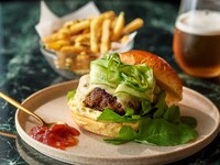 【TAKEAWAY】wagyu burger, grilled swiss, pickled green chilli herb mayo, tomato relish and fries