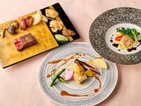 琥珀コース（ランチ）：ホタテ・旬の魚と黒毛和牛ロースステーキを堪能