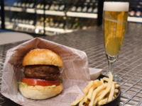 "Hamburger steak sandwich" and two beers set