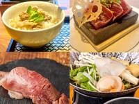 Hanayagi Lunch — “Seasonal Fish in Golden Dashi Hot Pot and Kuroge Wagyu Hitsumabushi” & “Stone‑Grilled Lean Tuna Steak and Wagyu Beef Sushi” — Weekends & holidays: ¥3,200