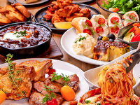 Casual Value: 11 hearty dishes including cheese risotto, pasta, and grilled young chicken — ¥4,200 (includes all-you-can-drink)