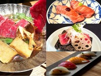 [Beni Course] "Small pot of tuna and Japanese black beef sukiyaki", "Meat sushi & stone-grilled steak", "5 kinds of Edomae sushi" 4,545 yen (excluding tax)