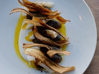 Grilled Bigfin Reef Squid and Shiitake Mushrooms with Ajo Blanco and Pumpkin XO Sauce