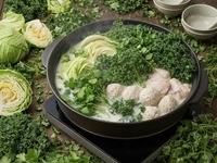 【1日5組様限定！120分飲み放題付】濃厚鶏白湯と豆乳の薬膳美肌鍋コース～ふわふわの自家製つくねと野菜の王様ケールをたっぷり♪ 身も心も潤うKNEADERS特製のお鍋をご堪能ください