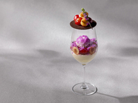 A parfait featuring Yamagata-grown cherries infused with shiso leaf and almond jelly.