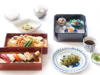Limited-time fresh green lunch: Shizuoka Gyokuro matcha soba noodles, Suruga sushi, and seasonal tempura set meal.