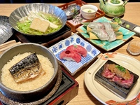 [Sea Bream Shabu-Shabu Lunch] 'Small Pot of Sea Bream in Golden Broth Shabu-Shabu', 'Japanese Black Beef Sushi & Domestic Beef "Kurashita" Stone-Grilled Steak', 'Charcoal-Grilled Mackerel Hitsumabushi' Special Weekday Price: 2,480 yen