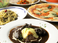  鹿スネ肉のとろとろ赤ワイン煮込みとウニのペペロンチーノのベラピスタコース8品　2時間飲み放題付　6月1日から