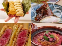 [Sea Urchin and Fillet Feast Course] Includes dishes such as "Wagyu Beef and Sea Urchin Yukhoe Dog - Topped with two rows of sea urchin," "Selected Fillet Beef Spicy Brioche Cutlet Sandwich," "Selected Fillet Beef Yakiniku Sushi," and "Selected Wagyu Beef Fillet and Sirloin Clay Pot Rice - Hitsumabushi."