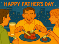 [Father's Day Plan] Smoke & Fire 7-course meal, main dish is "Wood-fired grilled domestic beef fillet", includes a celebratory beer and a message plate.