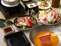 【ランチ限定 燈花ランチ 】『黒毛和牛とハモの雲丹出汁しゃぶ小鍋』と『炊き立て釜飯＆もち豚と大山鶏鉄板焼き』