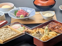 夏期限定！【季節の美食膳】～Seasonal　Gourmet~＋１ドリンク付、鰻と天ぷらの合盛り重に日本蕎麦・とろろ・お造りなど、夏のスタミナメニューを愉しむ贅沢ランチ