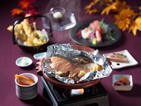 Salmon and seasonal vegetables baked in foil with miso sauce, plus tempura set menu