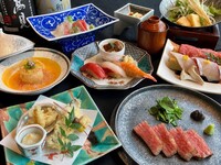 9,10月【極み 鮨懐石】『フォアグラ小丼と江戸前鮨３種盛りと黒毛和牛A5ランク赤身ステーキ』&『松茸と和牛の柚子しゃぶ小鍋』『鮑の天ぷら』 7,000円(税抜)